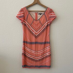 GIANNI BINI sz 0 Women’s Elegant Coral Gray Blue sequin Chevron mini Dress